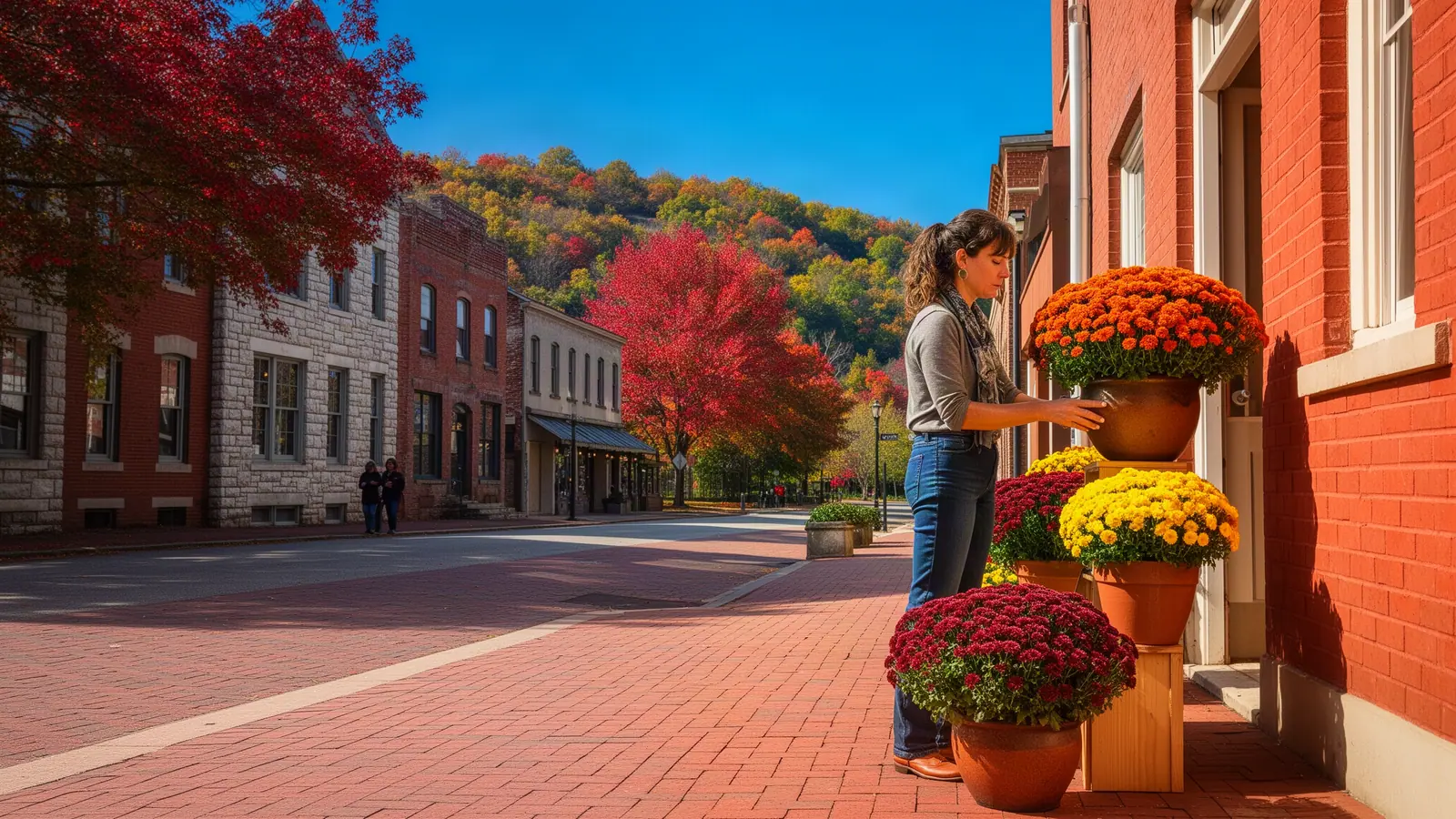 A general-store owner setting a wooden stand of potted gold and rust mums on the sidewalk outside her brick store.